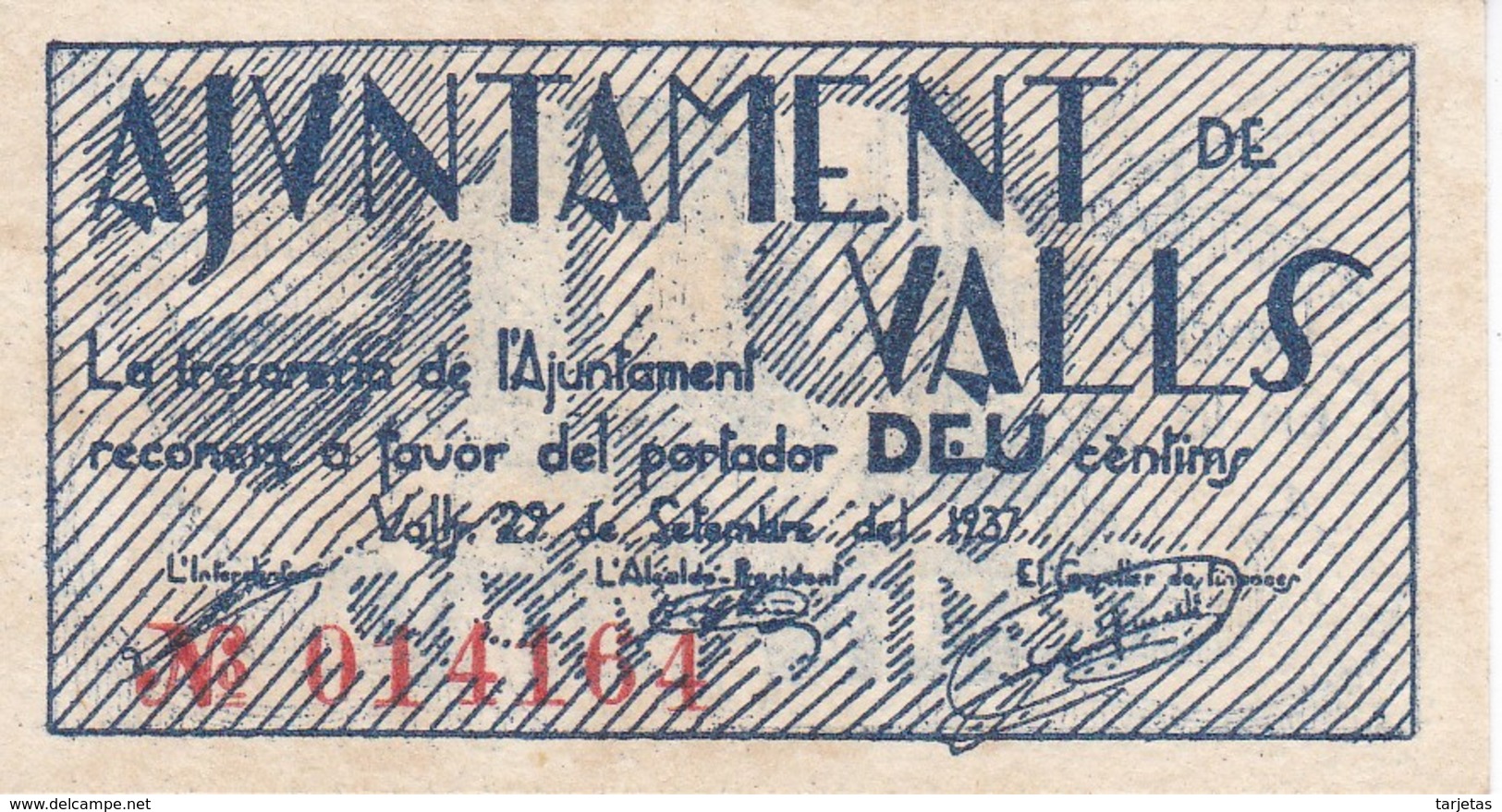 BILLETE DE 10 CENTIMOS DEL AJUNTAMENT DE VALLS DEL AÑO 1937 SIN CIRCULAR   (BANKNOTE) - Otros & Sin Clasificación