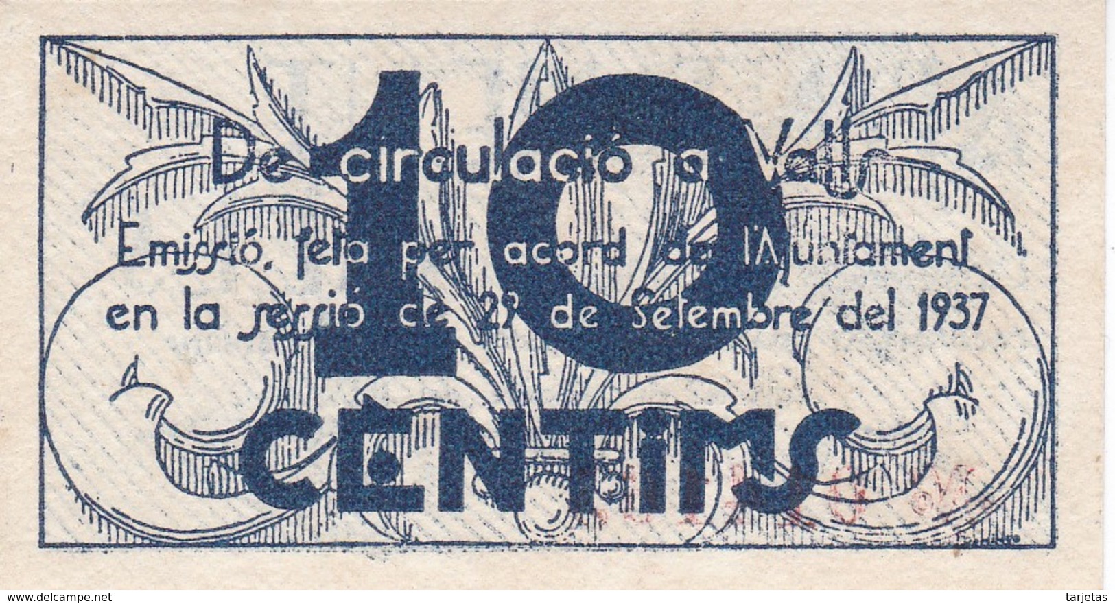 BILLETE DE 10 CENTIMOS DEL AJUNTAMENT DE VALLS DEL AÑO 1937 SIN CIRCULAR   (BANKNOTE) - Otros & Sin Clasificación