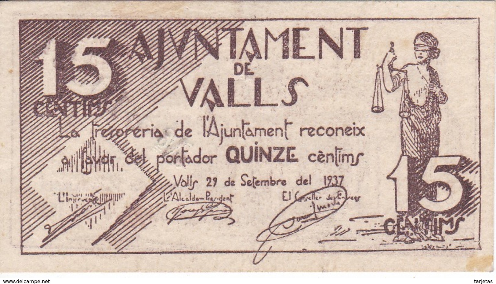 BILLETE DE 15 CENTIMOS DEL AJUNTAMENT DE VALLS DEL AÑO 1937 EN CALIDAD EBC    (BANKNOTE) - Autres & Non Classés