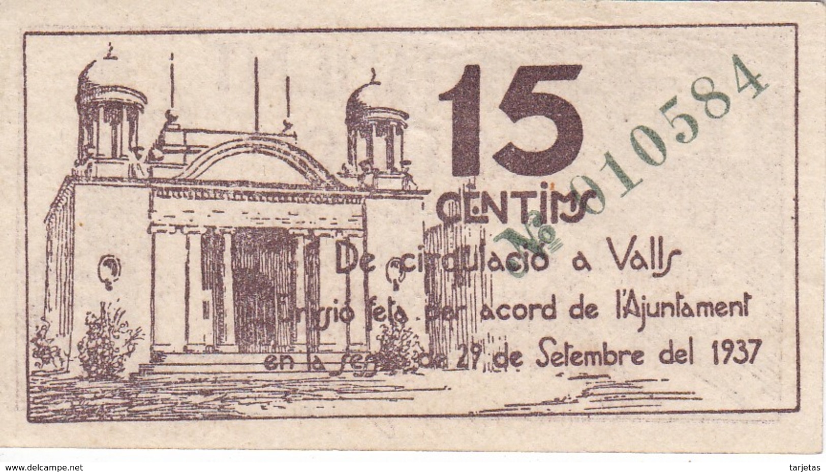 BILLETE DE 15 CENTIMOS DEL AJUNTAMENT DE VALLS DEL AÑO 1937 EN CALIDAD EBC    (BANKNOTE) - Otros & Sin Clasificación