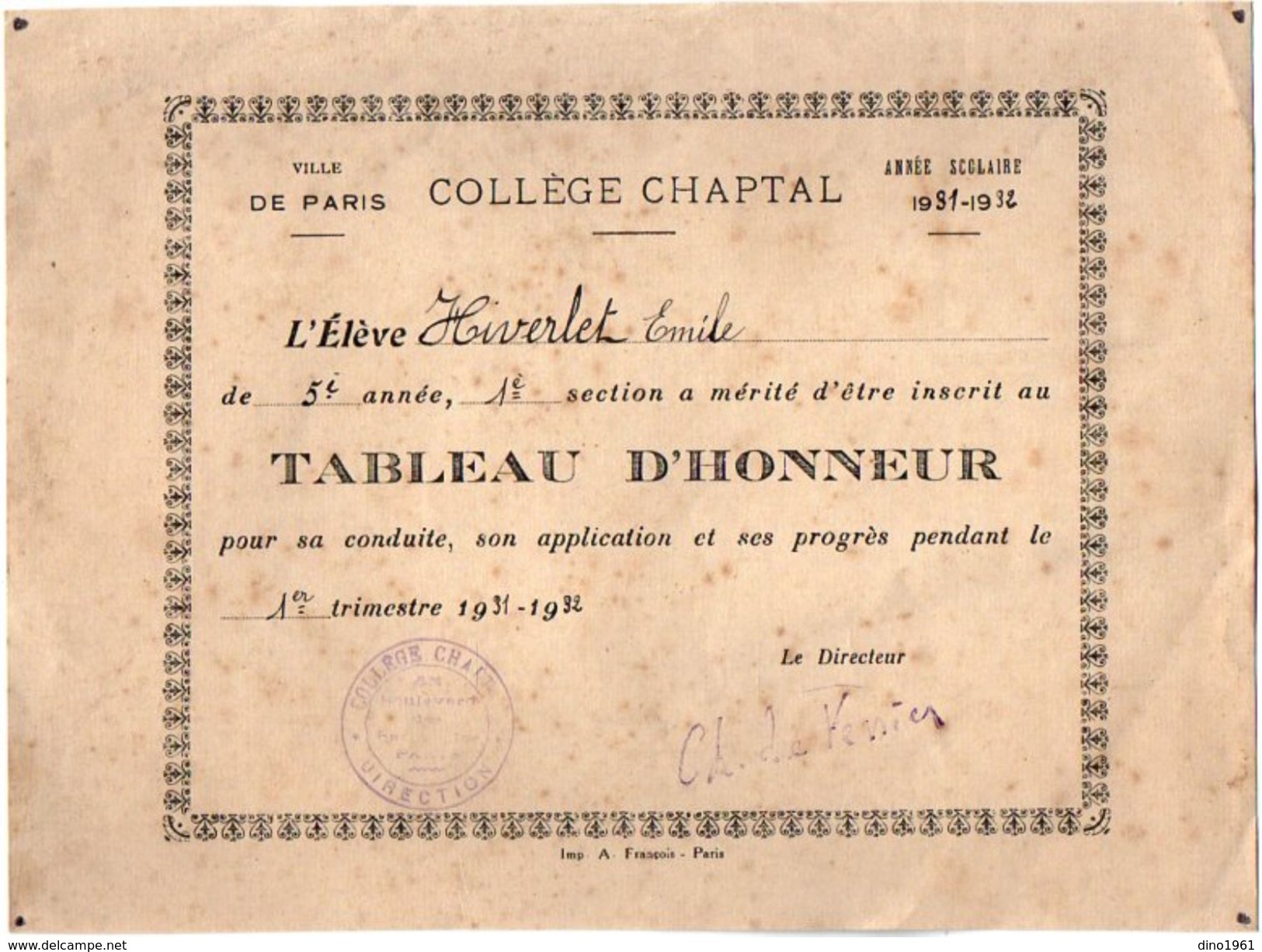 VP11.395 - Ville De PARIS 1931 - 32 - Collège CHAPTAL - Tableau D'Honneur - Elève Emile HIVERLET - Diplomi E Pagelle