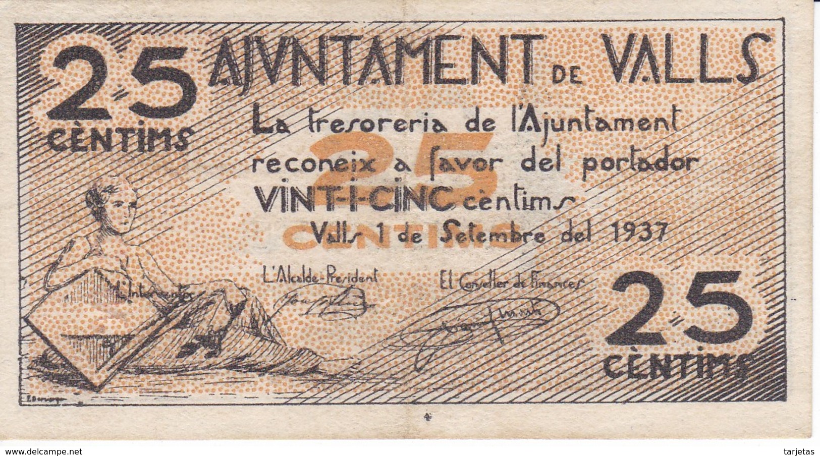 BILLETE DE 25 CENTIMOS DEL AJUNTAMENT DE VALLS DEL AÑO 1937 EN BUENA CALIDAD    (BANKNOTE) - Sonstige & Ohne Zuordnung