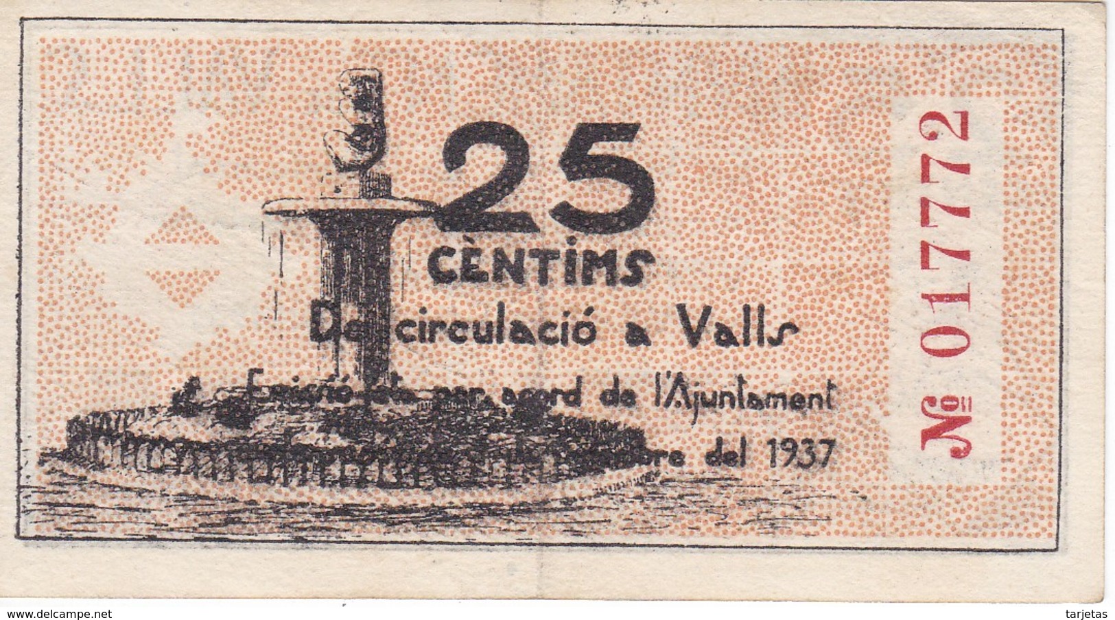 BILLETE DE 25 CENTIMOS DEL AJUNTAMENT DE VALLS DEL AÑO 1937 EN BUENA CALIDAD    (BANKNOTE) - Autres & Non Classés