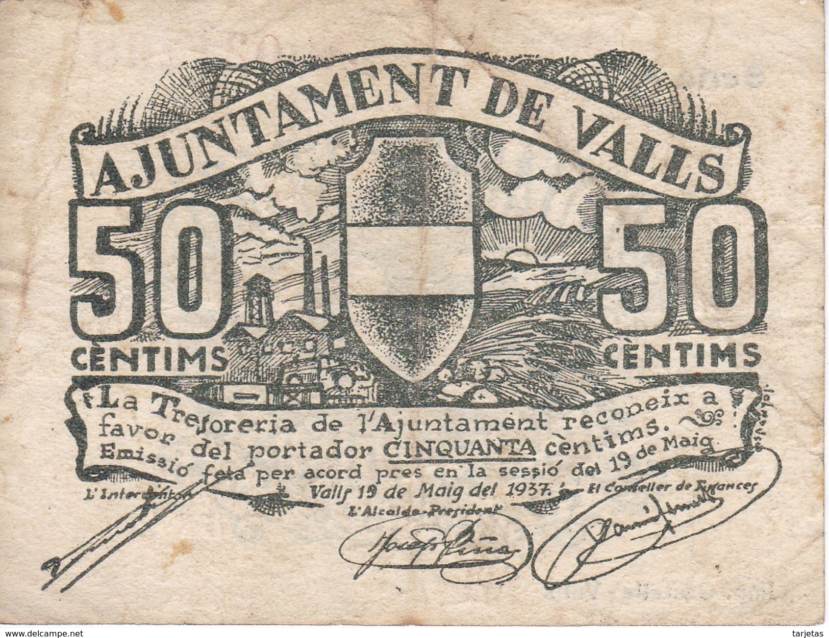 BILLETE DE 50 CENTIMOS DEL AJUNTAMENT DE VALLS DEL AÑO 1937 SERIE A     (BANKNOTE) - Sonstige & Ohne Zuordnung