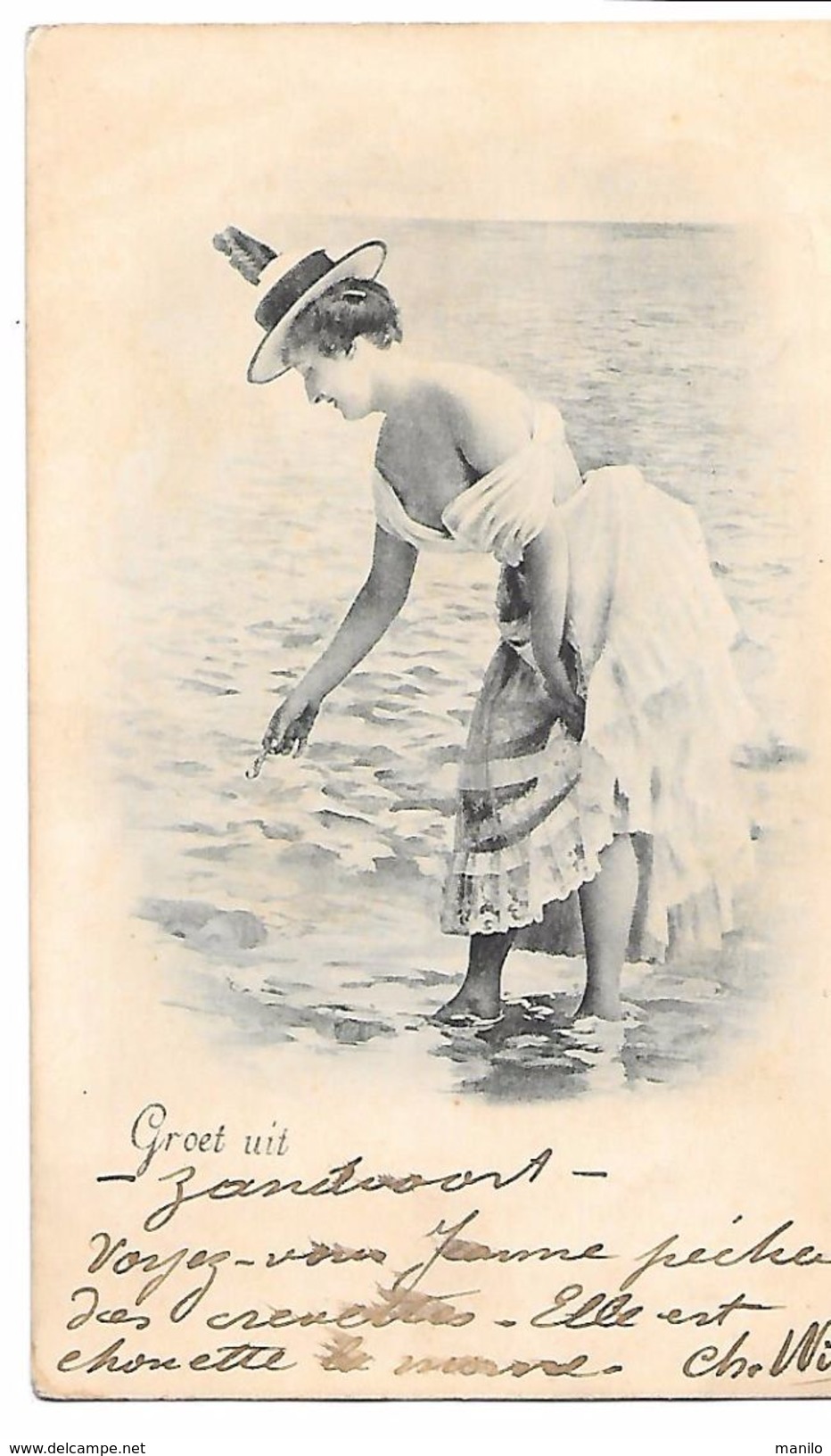 Pays-Bas -GROET UIT ZANDVOORT -Jolie Baigneuse Au Décolleté Provoquant- Voyagée En 1900  Pêche à La Crevette - Zandvoort