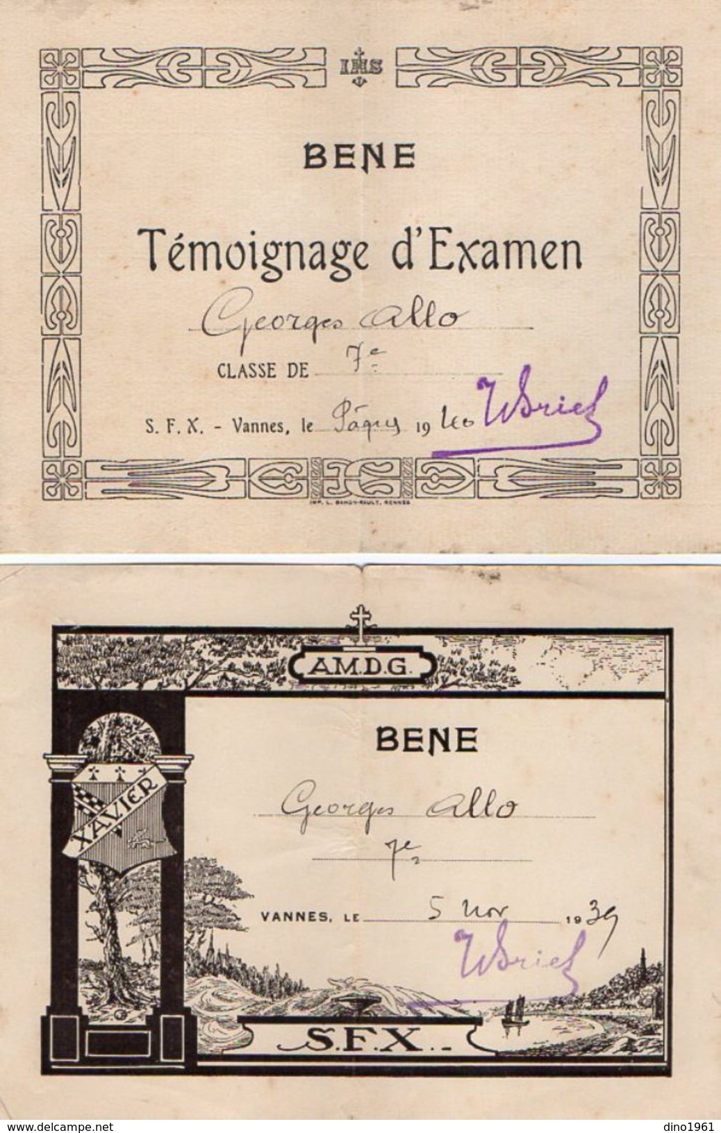 VP11.396 - VANNES 1939 - 40 - Ecole - Témoignage D'Examen - Elève George ALLO - Diplômes & Bulletins Scolaires