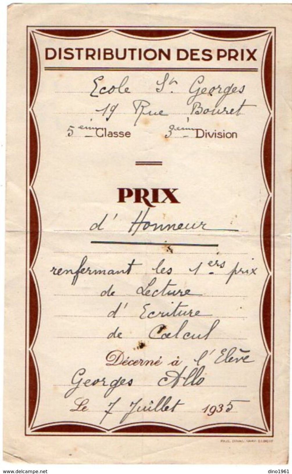 VP11.401 - 1935 - Ecole Saint George - Prix D'Honneur- Elève George ALLO - Diplômes & Bulletins Scolaires