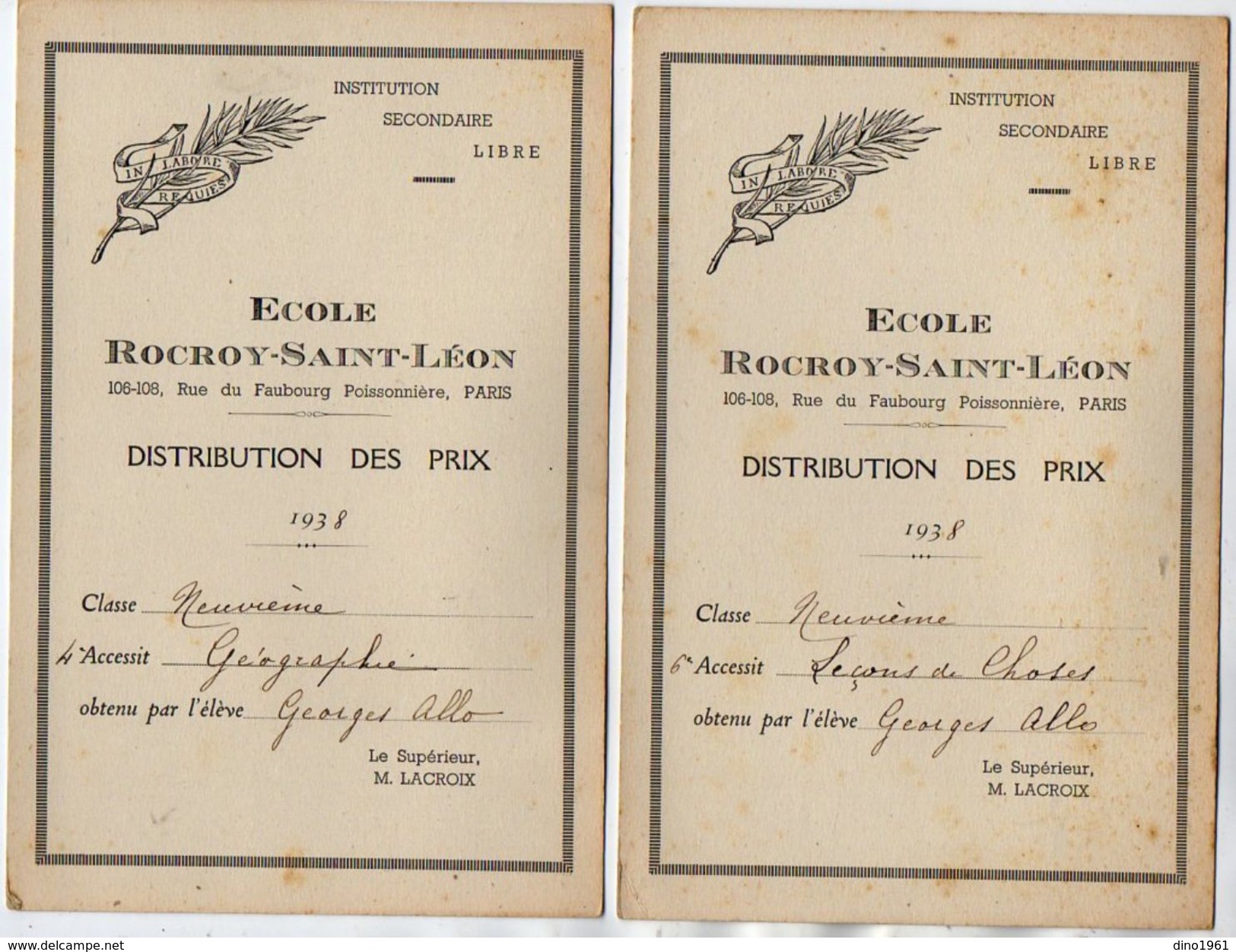 VP11.403 - PARIS 1938 - Ecole Rocroy - Saint - Léon - Distribution Des Prix - Elève George ALLO - Diplomi E Pagelle