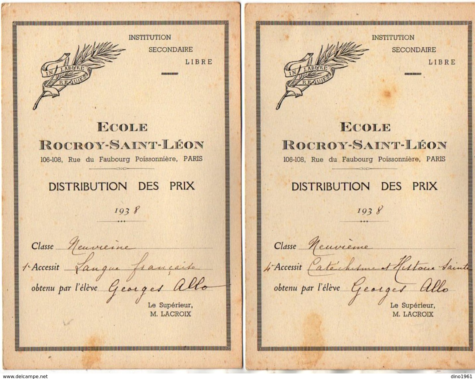 VP11.404 - PARIS 1938 - Ecole Rocroy - Saint - Léon - Distribution Des Prix - Elève George ALLO - Diplomi E Pagelle