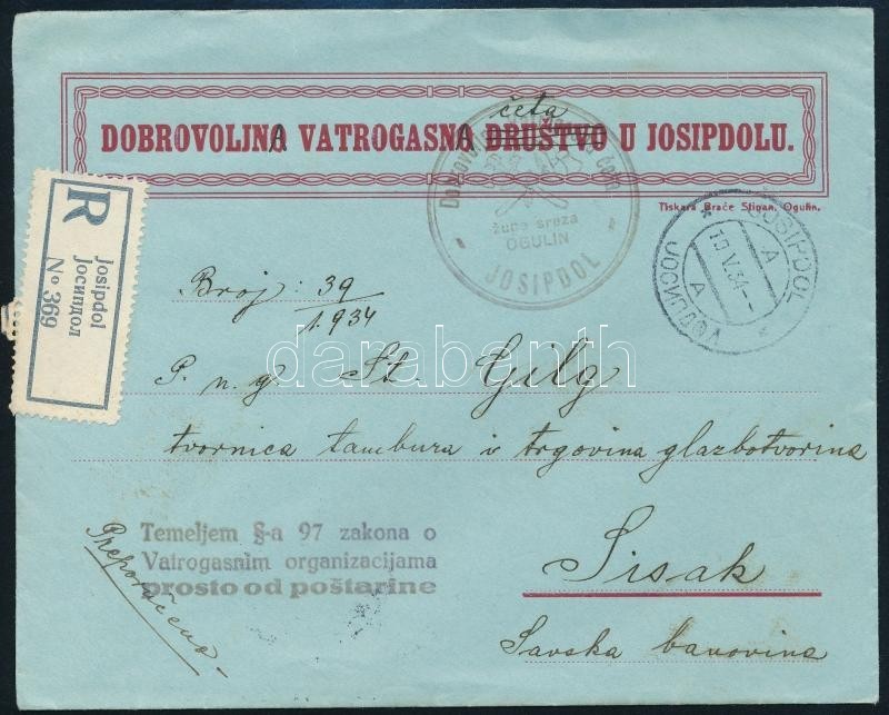 1934 Josipdoli önkéntes Lövészek Portómentes Ajánlott Levele - Other & Unclassified