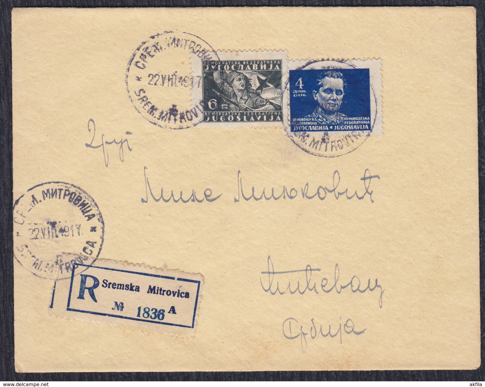 Yugoslavia 1949 Marshal Tito, Recommended Letter Sent From Sremska Mitrovica To Cicevac - Covers & Documents
