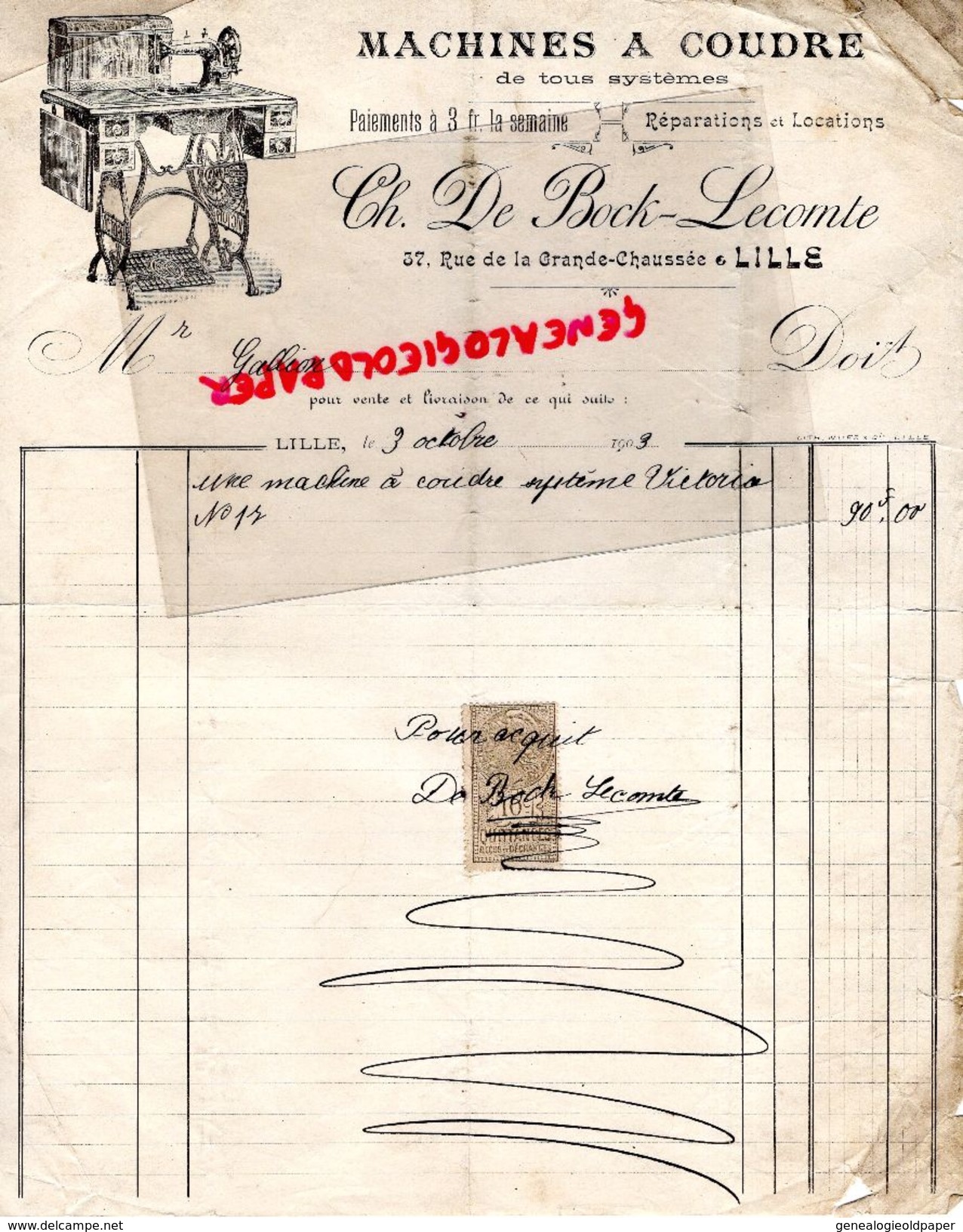 59- LILLE- RARE FACTURE CH. DE BOCK-LECOMTE-MACHINES A COUDRE -MACHINE A COUDRE-37 RUE DE LA GRANDE CHAUSSEE-1903 - Petits Métiers