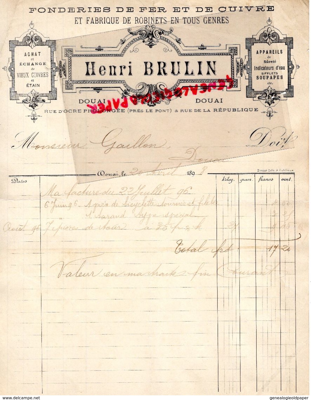 62- DOUAI- RARE FACTURE HENRI BRULIN- FONDERIES DE FER E CUIVRE-FABRIQUE ROBINETS-RUE D' OCRE PROLONGEE-1898 FONDERIE - Straßenhandel Und Kleingewerbe