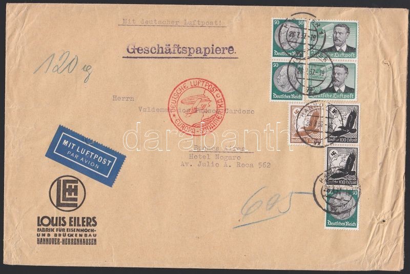 1937 Légi Levél Argentínába 7,75 RM Bérmentesítéssel / Airmail Cover To Argentina With 7,75 RM Franking - Autres & Non Classés