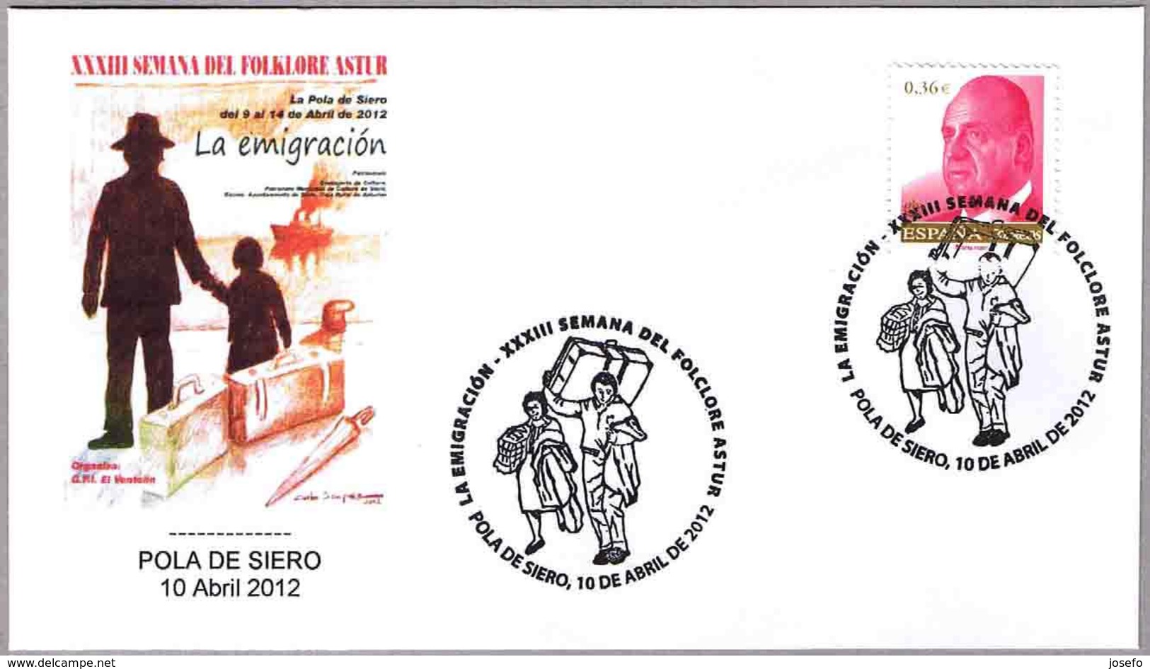 Matasellos FOLKLORE ASTUR: LA EMIGRACION - EMIGRATION. Pola De Siero, Asturias, 2012 - Cartas & Documentos