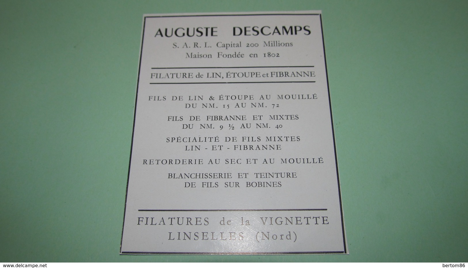 AUGUSTE DESCAMPS FILATURE De LINS, ETOUPE Et FIBRANNE à La VIGNETTE LINSELLES ( Nord ) - PUBLICITES DE 1951. - Advertising