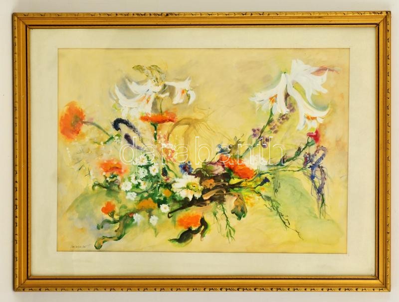 Szécsi Katalin (1955-): Fehér Liliomok. Akvarell, Papír, Jelzett, üvegezett Keretben, 40×58 Cm - Other & Unclassified