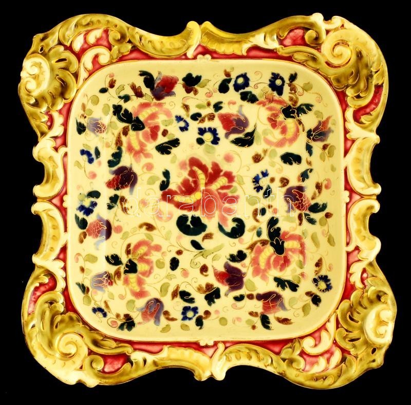 Antik Historizáló Tál, Kézzel Festett Porcelánfajansz, Jelzett ( 'AC' és Formaszám:1543), Restaurált, 29×29,5 Cm - Other & Unclassified