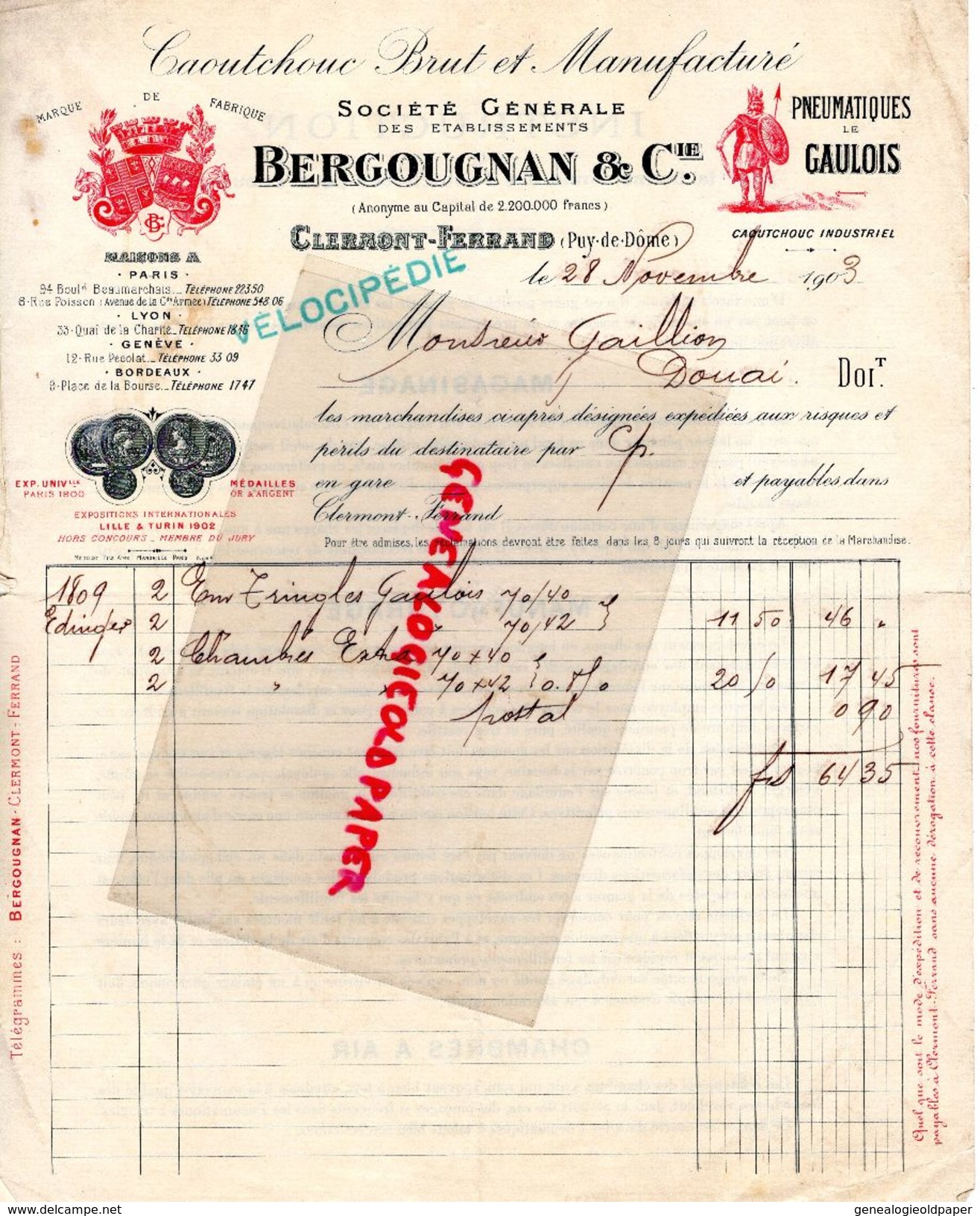 63- CLERMONT FERRAND-BELLE FACTURE BERGOUGNAN-CAOUTCHOUC PNEUS-PNEUMATIQUES LE GAULOIS-1903  AUTO MOTO VELO - Cars