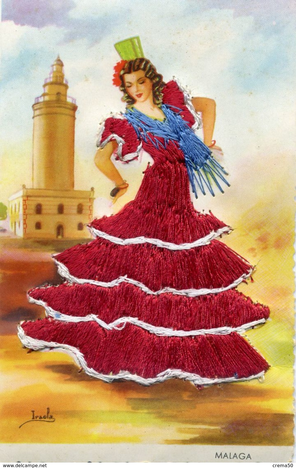 Carte Brodée - MALAGA  - Illustrateur: Iraola - Embroidered