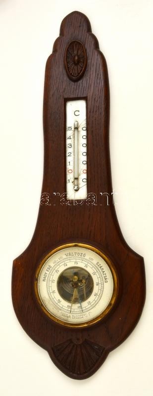 XX. Sz. Eleje: Antik L. Door Márkájú, Jelzett Barométer és Hőmérő Faragott Fa Kerettel / Vintage Barometer 52 Cm - Other & Unclassified