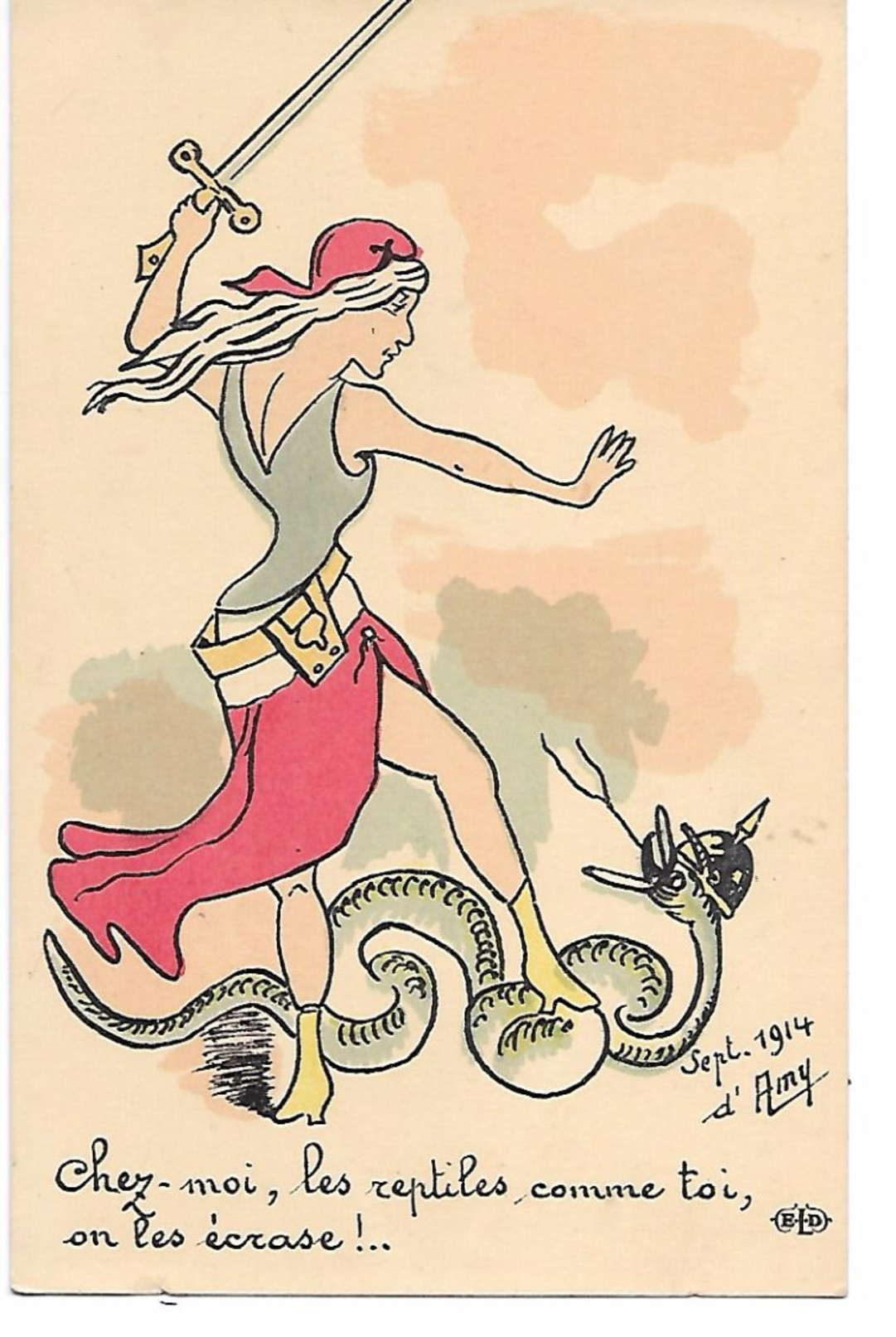 MILITARIA (14/18)  SERPENT TRES BELLE CPA SATIRIQUE ANTI-KAISER "CHEZ MOI,LES REPTILES COMME TOI,ON LES ECRASE !!!!" SUP - War 1914-18