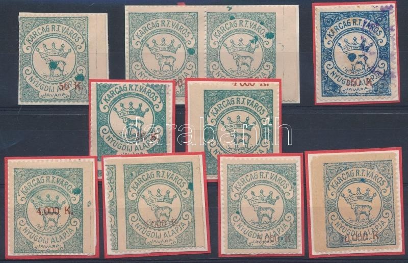 1925 Karcag R.T.V. Okirati 10 Db értékű Illetékbélyeg Párok Elfogazásokkal, Tintahibákkal, Dupla Felülnyomással (7.900) - Non Classés