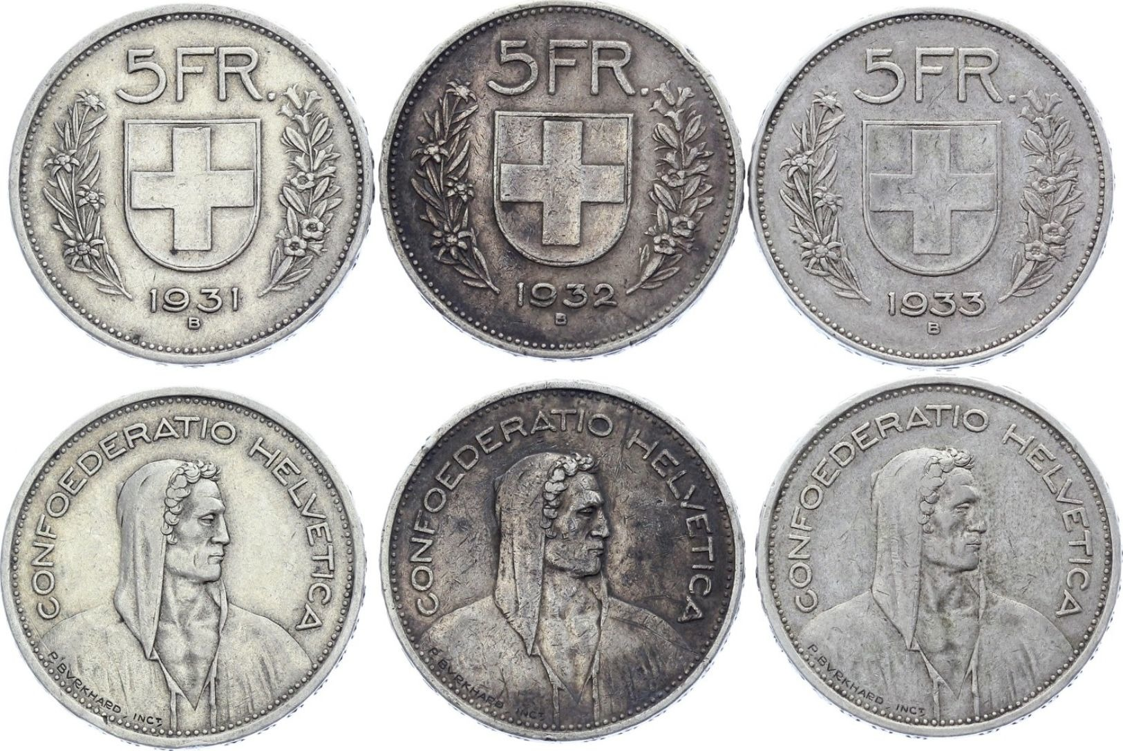 (J) SWITZERLAND: LOT X3 Silver 5 Francs 1931B-1932B-1933B VF-XF (2507) - Other & Unclassified