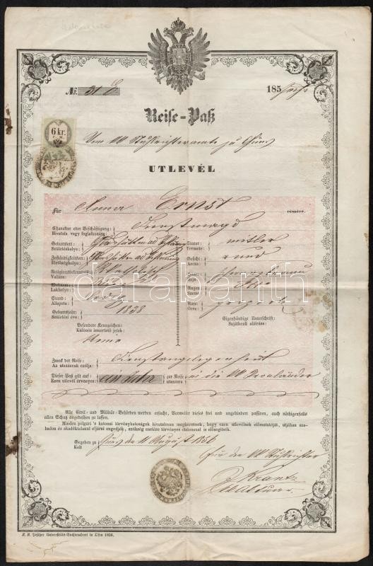 1855 Útlevél Szalónakhutai Lakos  Részére 6 Kr CM Okmánybélyeggel / Passport For Glasshütten Bei Schlaining In Burgenlan - Non Classés