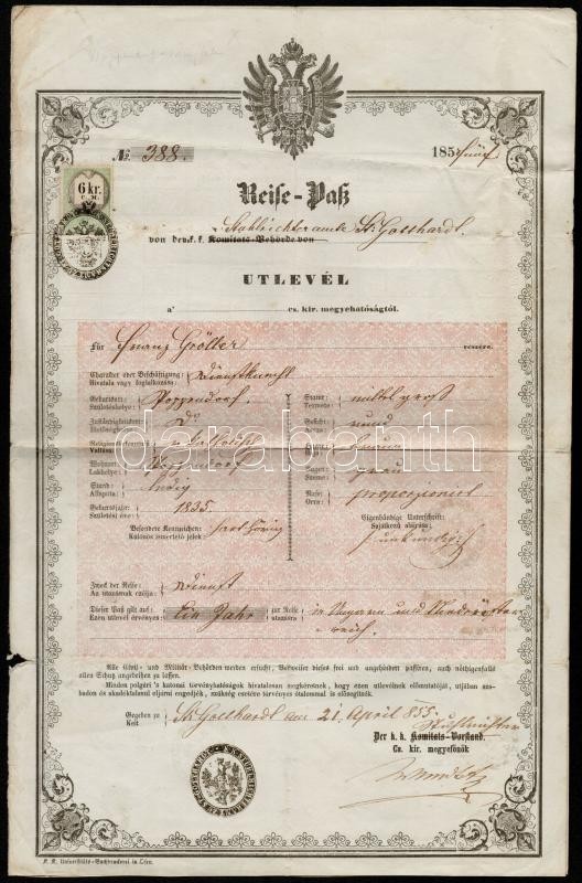 1856 Útlevél Magyar és Német Nyelvű 6kr CM Okmánybélyeggel  Várújafalui Illetőségű Személy Részére / 1856 Passport For H - Sin Clasificación