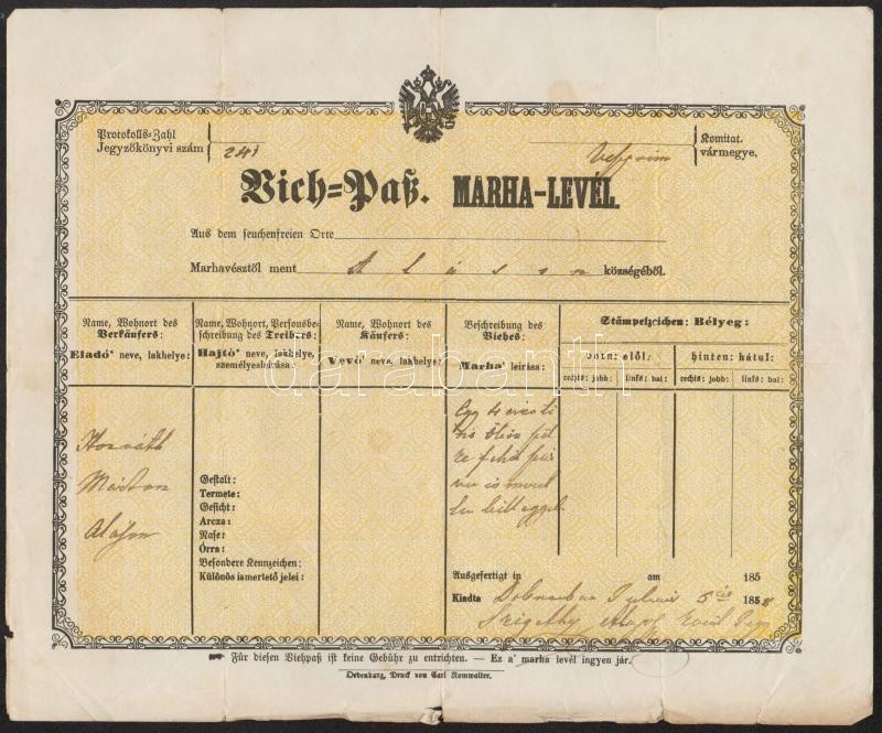 1858 Alásin Magyar és Német Nyelvű Marhalevél - Unclassified