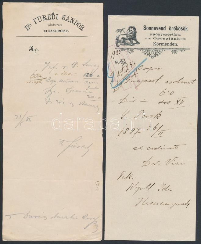 Cca 1860-1900 9 Db Különböző Gyógyszertári Recept és Orvosi Rendelvény, Benne Szép Grafikák Is. / Pharmacy And Medical P - Unclassified