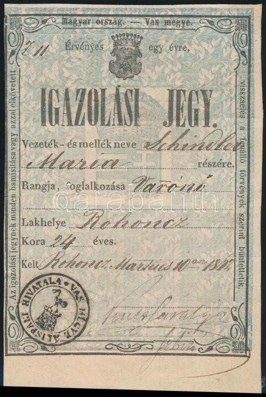 1861 Igazolási Jegy Rohonci Varrónő Részére - Non Classés