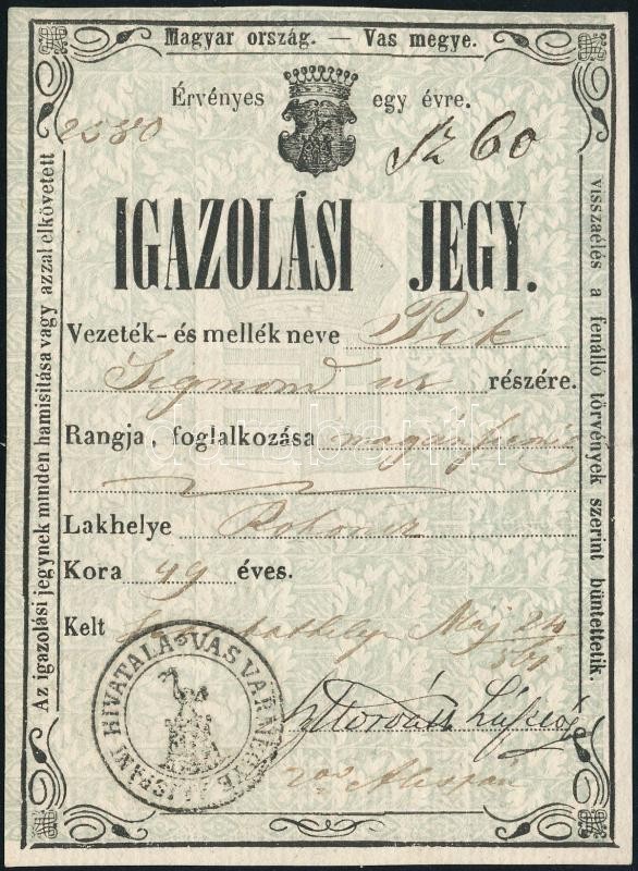 1861 Igazolási Jegy Rohonci Lakos Részére / German-Hungarian ID For Reichnitz Trader - Non Classés
