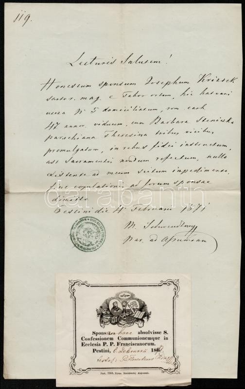 1871 A Pesti Ferences Plébánia Tanúságlevele Házasság ügyében, Latin Nyelven, Bélyegzővel - Unclassified