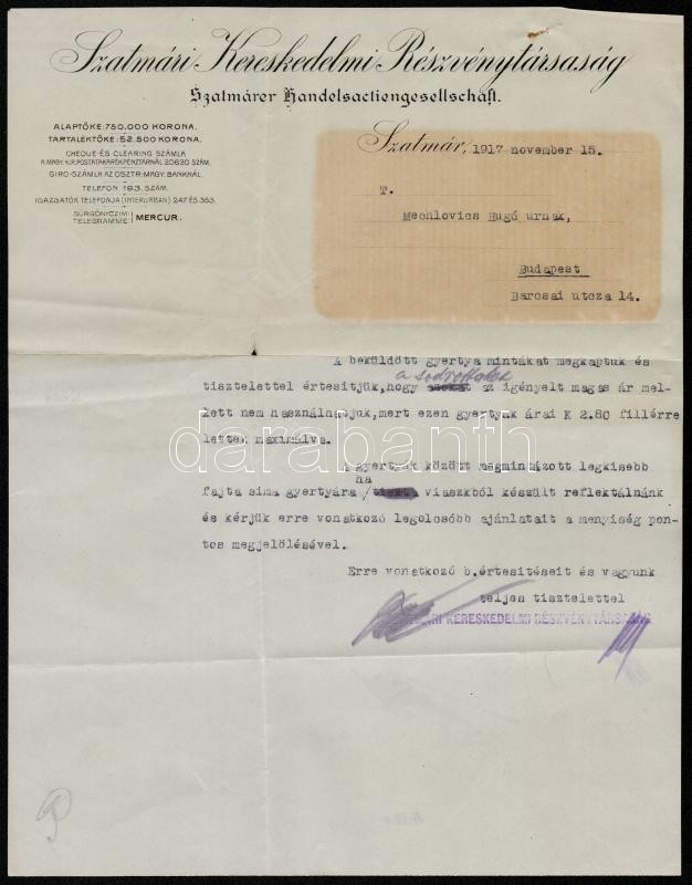 1917 Szatmári Kereskedelmi Rt. Díszes Fejléces Levél, 29x22,5 Cm - Non Classés