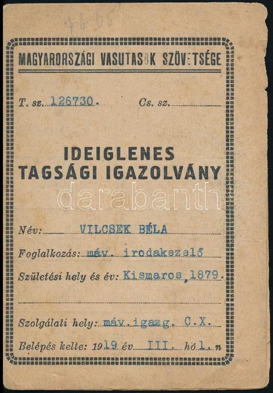 1919 Magyarországi Vasutasok Szövetsége Ideiglenes Igazolvány Tagsági Bélyegekkel - Non Classés