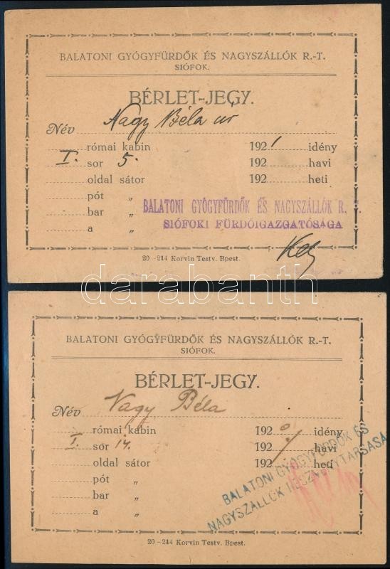 1920-1920 2 Db Bérletjegy A Siófoki Fürdőbe - Unclassified