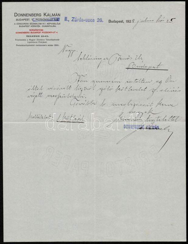 1929 Donnenberg Kálmán, A Concordia Gőzmalom Rt. Képviselője, Fejléces Levél, 29x22,5 Cm - Unclassified