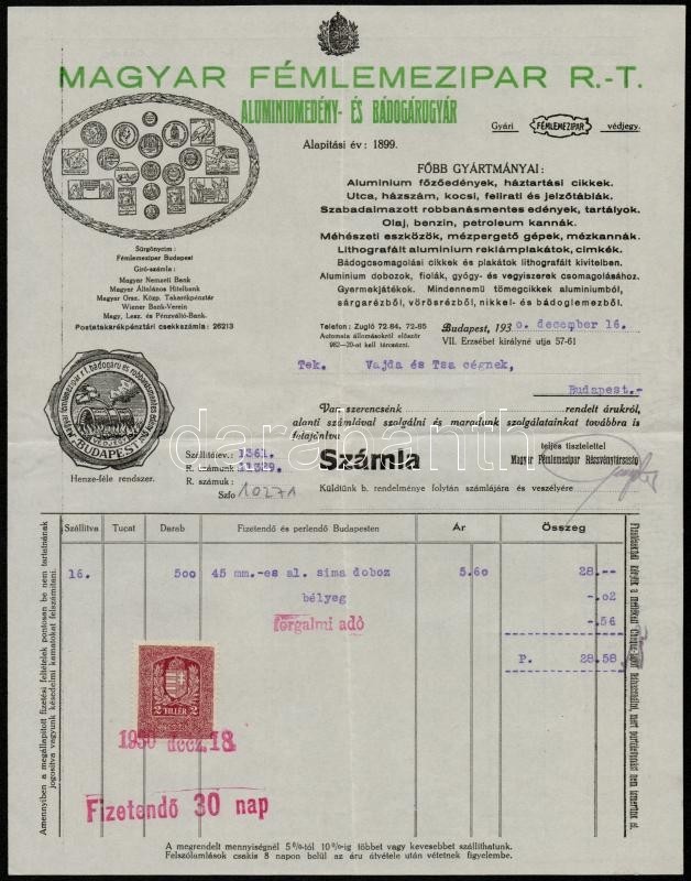 1930 Magyar Fémlemezipar Rt. Aluminiumedény és Bádogárugyár Díszes Fejléces Számla, Okmánybélyeggel, 29,5x23 Cm - Non Classés