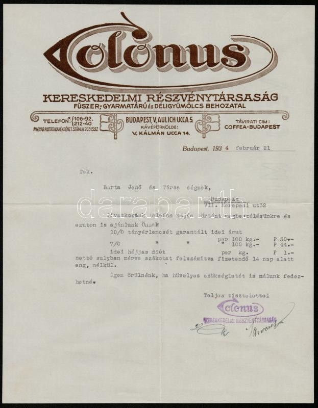 1934 Colonus Kereskedelmi Rt. Díszes Fejléces Levél, 29x23 Cm - Unclassified