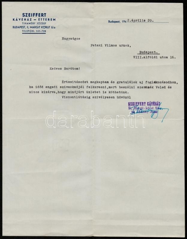 1942 Szeiffert Kávéház-Étterem Fejléces Levél, 30x23 Cm - Unclassified