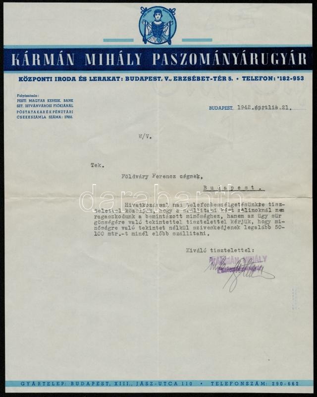 1942 Kármán Mihály Paszományárugyár Díszes Fejléces Levél, 29x23 Cm - Unclassified