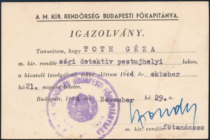 1944 Detektív Igazolvány - Unclassified