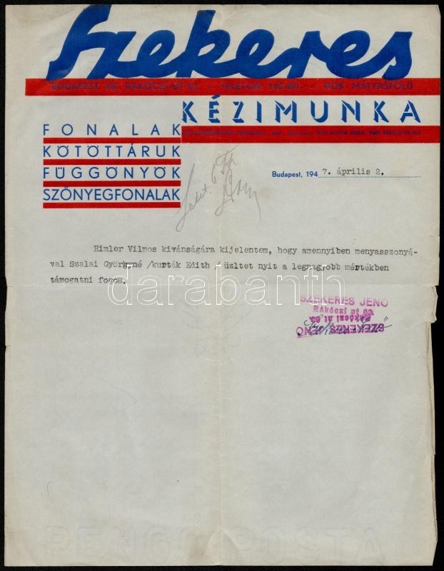 1947 Szekeres Kézimunka Díszes Fejléces Levél, 29x22,5 Cm - Unclassified