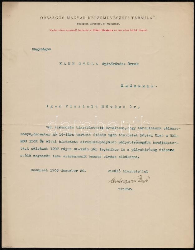 1906 Ambrozovics Dezső (1864-1919) újságíró, Az Országos Magyar Képzőművészeti Társulat Titkárának Gépelt Levele Kosztol - Non Classés