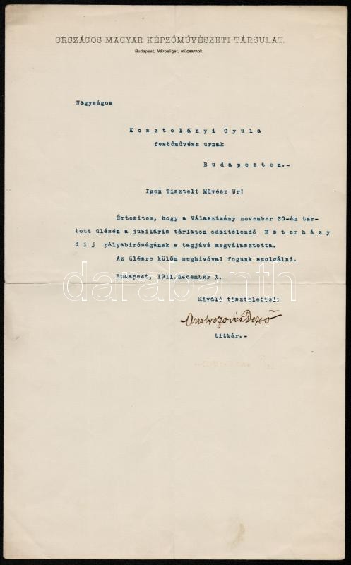 1911 Ambrozovics Dezső (1864-1919) újságíró, Az Országos Magyar Képzőművészeti Társulat Titkárának Gépelt Levele Kosztol - Non Classés