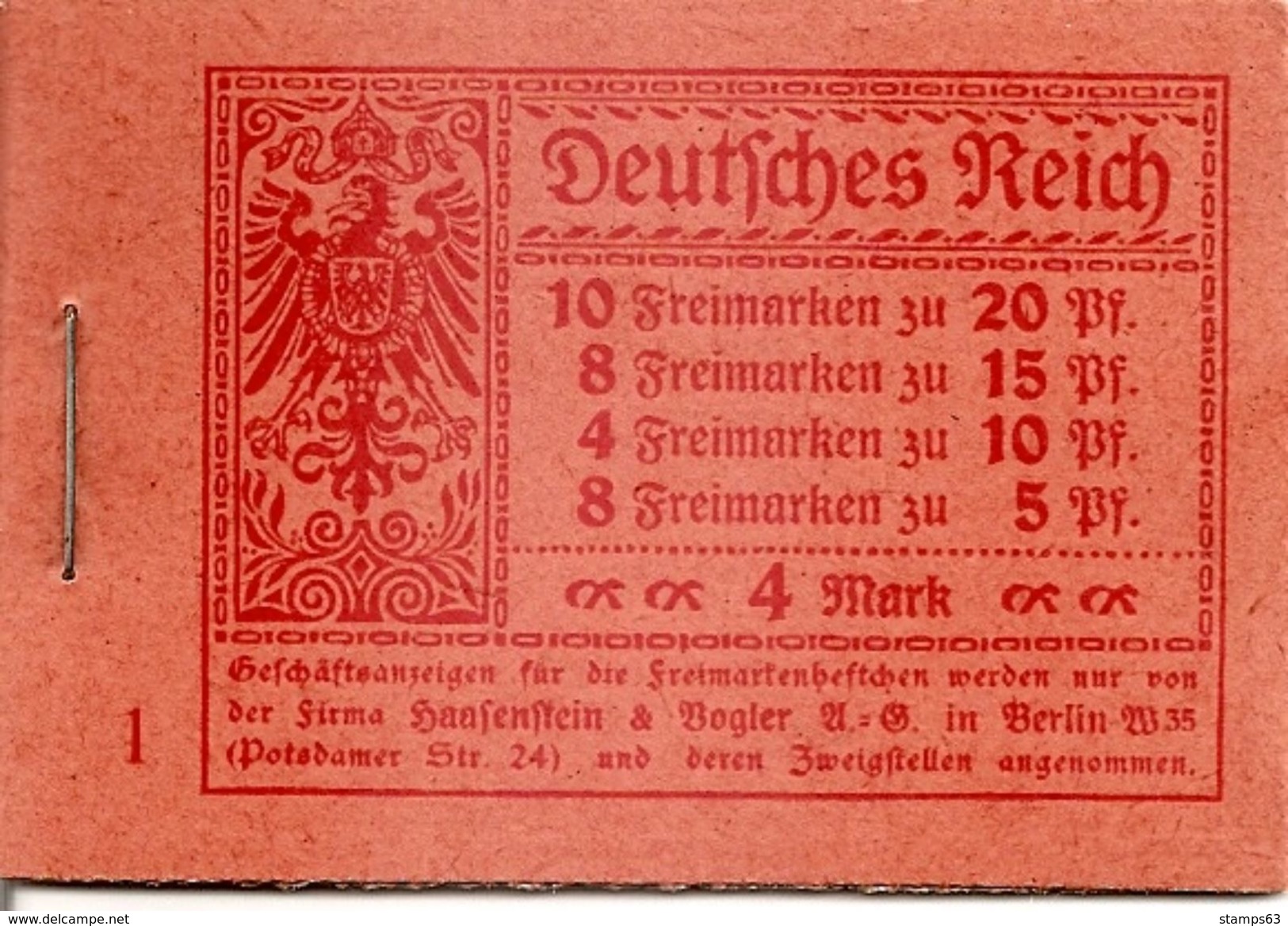 DEUTSCHES REICH / GERMANY EMPIRE, 1920, Booklet / Markenheftcehn MH 13A  Onr 1 - Markenheftchen