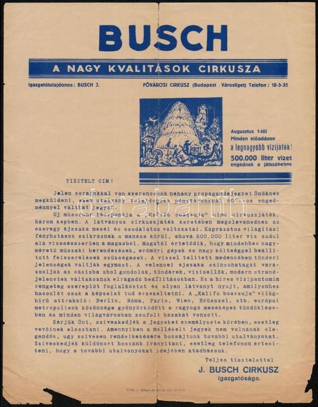 Cca 1935 Busch Cirkusz Reklám Nyomtatványa 50%-os Propaganda Jegyről, Széleinél Szakadt, 29x23 Cm - Advertising