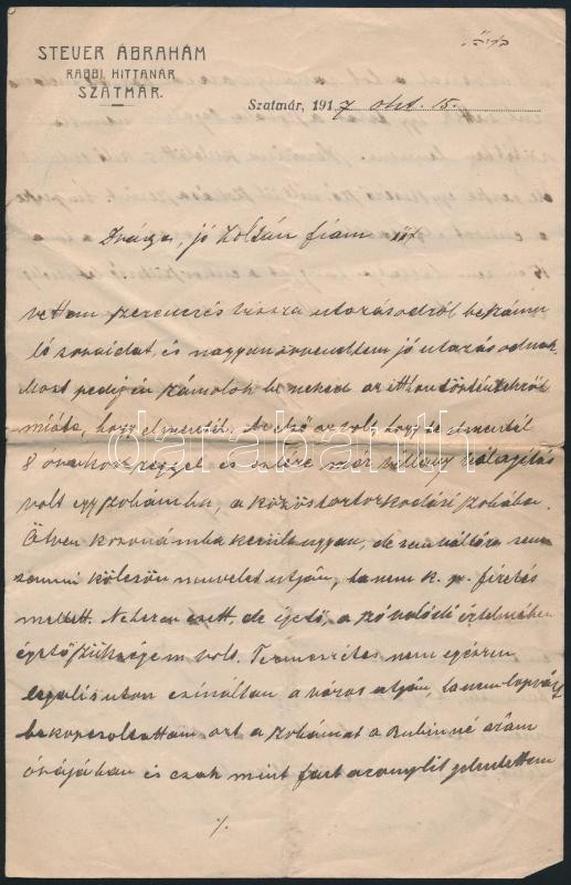 1917 Szatmár, Steuer Ábrahám Rabbi, Saját Kezű Levele / Ábrahám Steuer Rabbi's Letter - Sonstige & Ohne Zuordnung